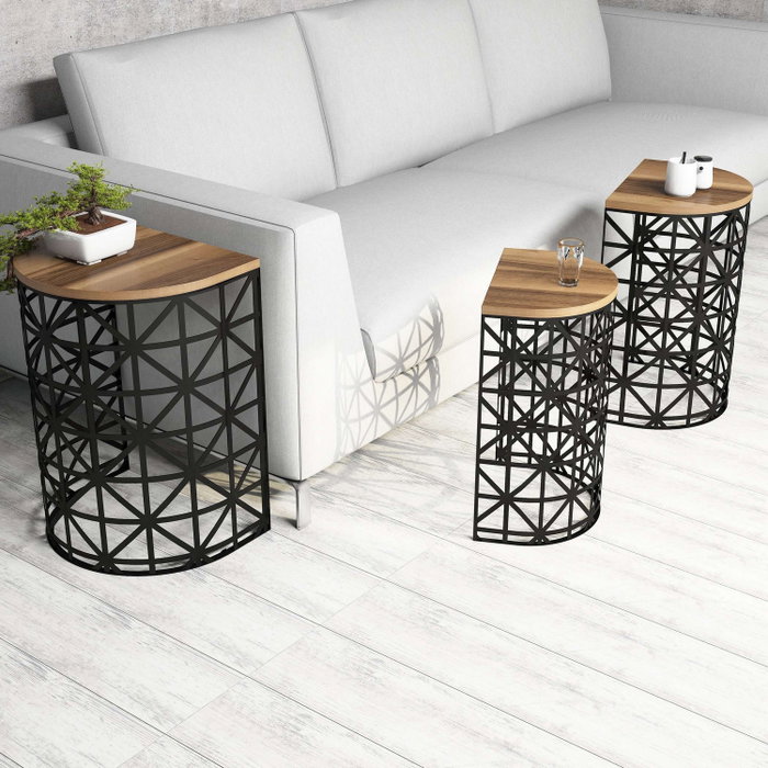 Hanah Home Stil Metal Ferforje - Juego de 3 mesas nido Nogal y Negro